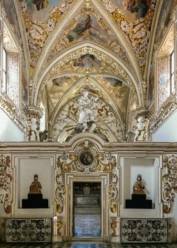 Vertical image of the Baroque style church of the Certosa di Padula, Campania, Italy