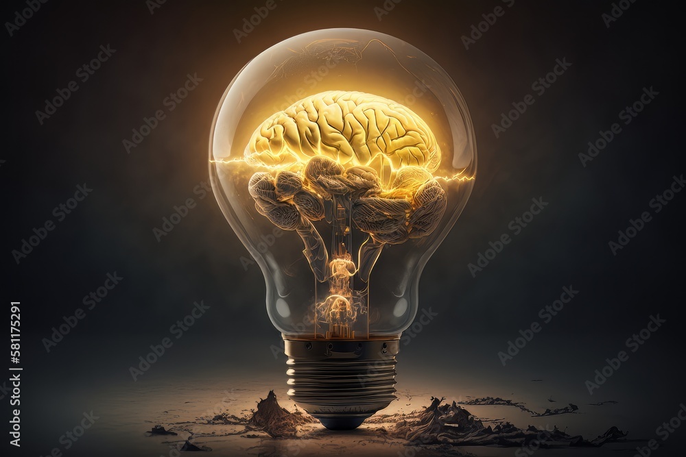 Poster highly detailed brain in light bulb with cinematic background. generative ai