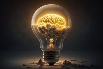 Highly detailed brain in light bulb with cinematic background. Generative ai