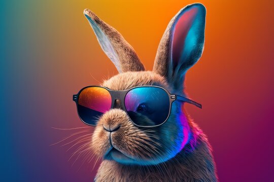 Rabbit with glasses in a colorful dream world, 3D illustration. Artificial intelligence. Nft. Generative ai