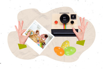 Creative collage image of arm hold photo card camera mother daughter prepare painted eggs together...