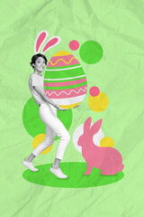 Obraz na płótnie Canvas Vertical collage image of black white colors girl bite lips arms hold huge painted easter egg drawing bunny isolated on green background