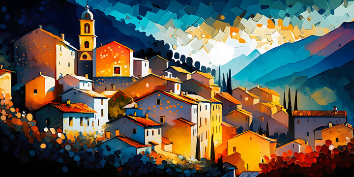 Abstract painting concept. Colorful art of a small french village in the Alps. Generative AI.