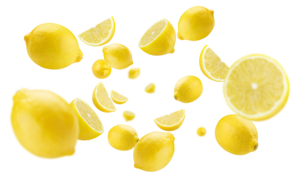 Flying lemon fruits cut out