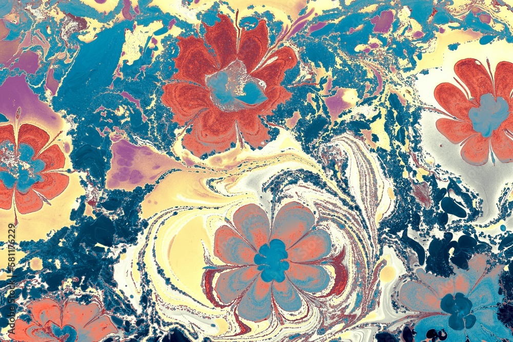 Poster ebru marble effect with floral pattern design for print