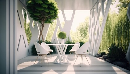 Modern white wooden terrace the perfect place for breakfast