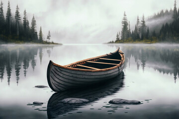 Canoe on calm lake in the morning. Generative AI
