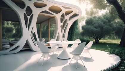 Modern white wooden terrace the perfect place for breakfast