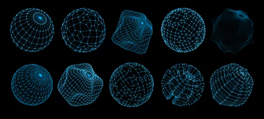Fotobehang 3d futuristic sphere shapes. Planet globe mesh hologram, round particle, energy shield virtual wireflame structure vector models. Cyberspace, network or blockchain digital technology sphere symbols © Buch&Bee