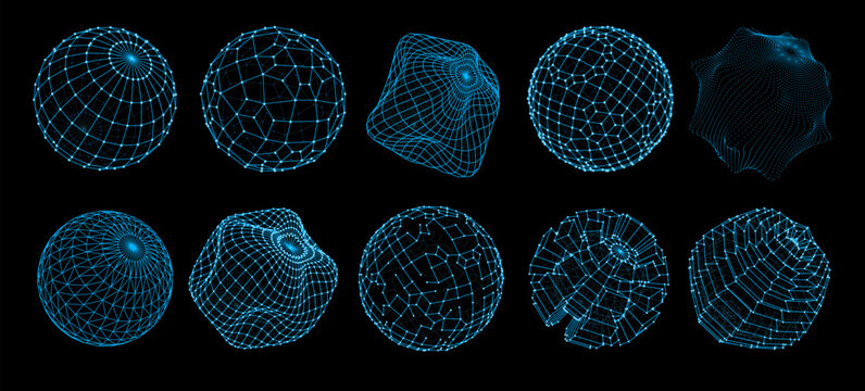 3d futuristic sphere shapes. Planet globe mesh hologram, round particle, energy shield virtual wireflame structure vector models. Cyberspace, network or blockchain digital technology sphere symbols