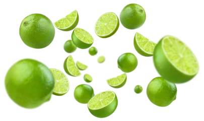 Flying lime fruits cut out
