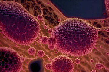 Fototapeta Image au microscope à neutrons de formations cellulaires organiques rouges translucides, de structures biologiques, de matières cellulaires organiques microscopiques obraz