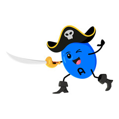 Cartoon vitamin A, retinol micronutrient pirate or corsair character capsule dressed in rover costume. Isolated vector personage fighting on saber during adventure. Playful and funny food supplement
