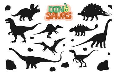 Cartoon dinosaur characters silhouettes. Vector prehistoric animals, monster lizard or dragons with dino egg and volcanic stones. Triceratops, pteranodon, stegosaurus and tyrannosaurus personages © Buch&Bee