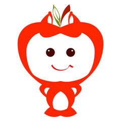 Cute funny apple or cherry with a body and ears on the head, with a kind smile on his face, creative colorful character on a white background