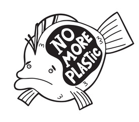 Hand drawn unhappy flounder fish with message - no more plastic. Conceptual vector illustration about water pollution problem