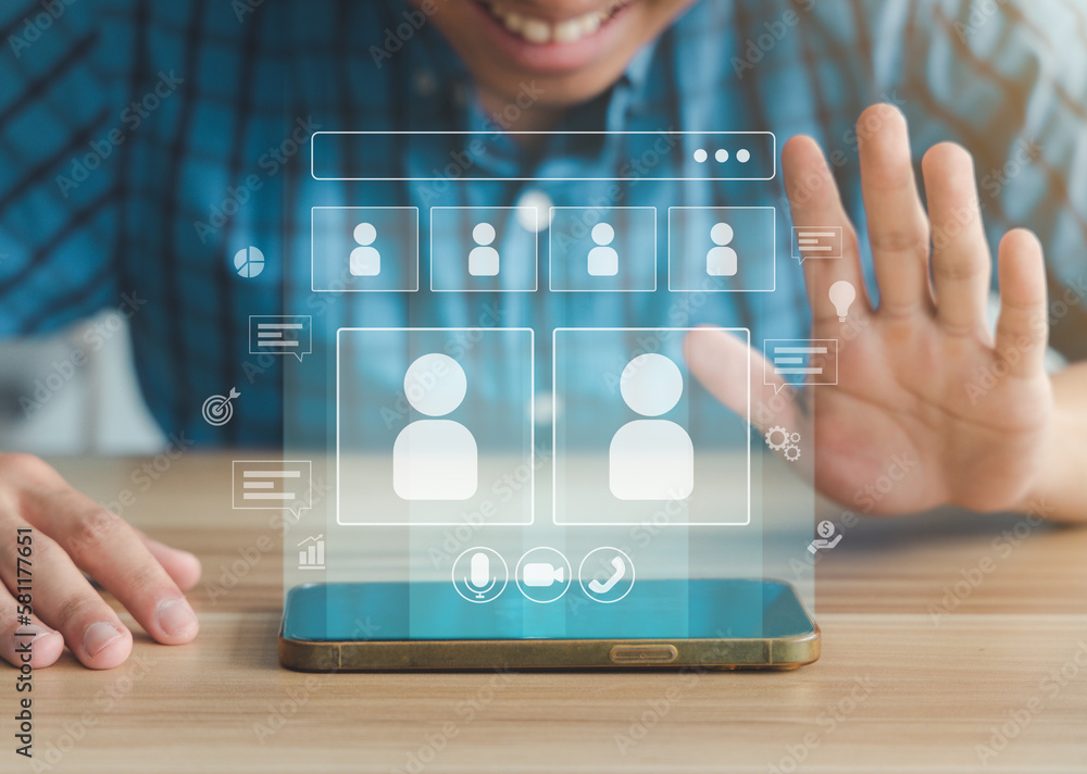 Poster video conference mobile application interface concept. man smiling and greeting people via video cal
