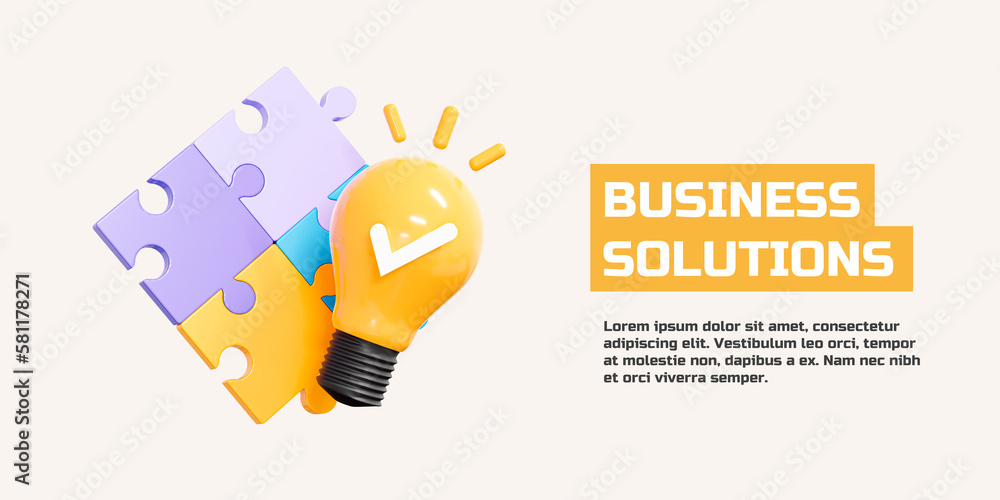 Poster 3d business solutions banner. puzzle pieces with light bulb and check mark. teamwork collaboration c