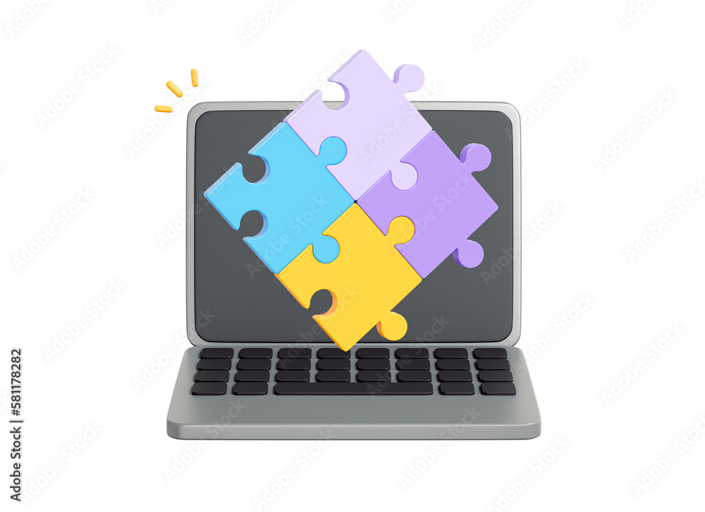 Poster 3d computer laptop with puzzle pieces. business solutions. problem- solving. collaboration marketing