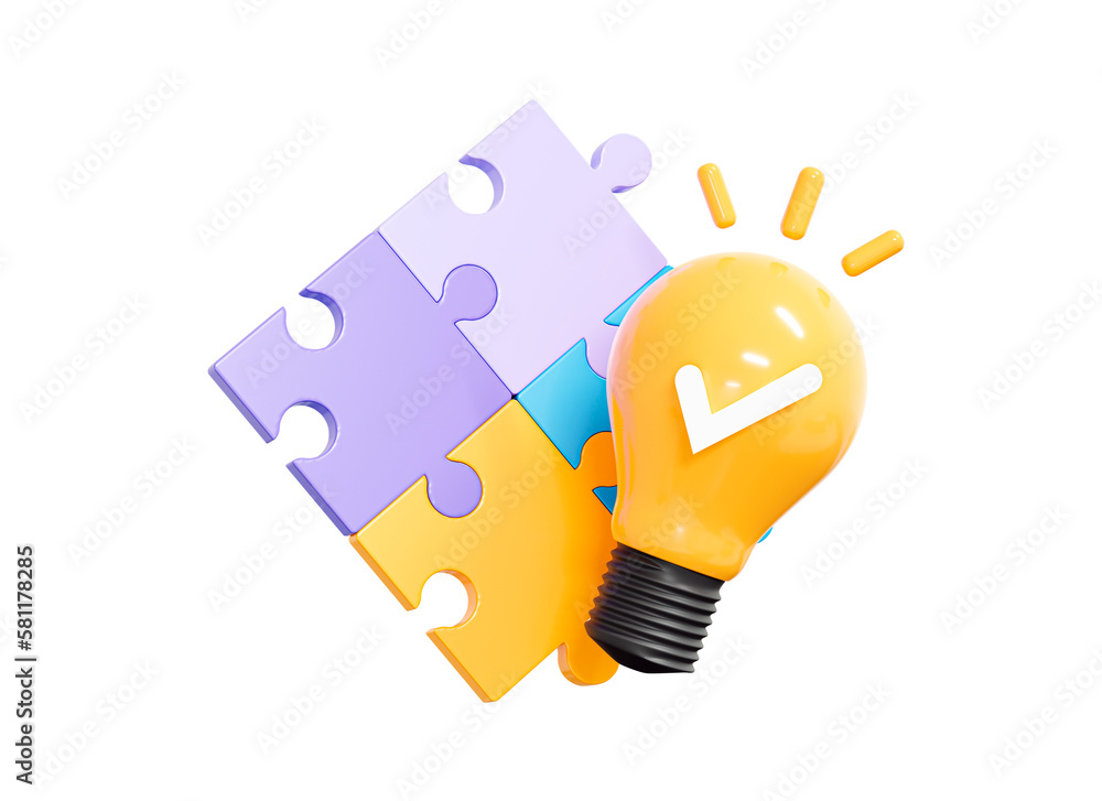 Poster 3d puzzle pieces with light bulb. business success. marketing ideas and solutions. problem-solving. 