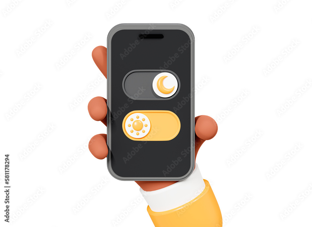 Poster 3d hand holding mobile phone with day and night mode. toggle switch buttons on screen smartphone. li