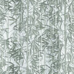 Seamless pattern background of green bamboo stem with leaves in the rain. Vector illustration