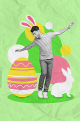 Vertical collage picture of mini black white effect impressed guy bunny ears huge easter egg...