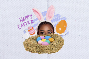 Creative collage photo 3d sketch of positive positive young girl look out of nest with painted eggs isolated on drawing background