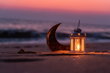 Lantern lamp with beach sunset view