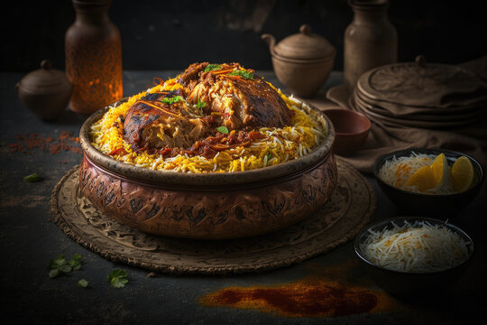 Saudi Arabian dish chicken kabsa with rice mandi Illustration AI Generative.