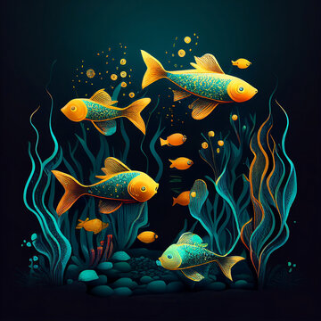 Gold fishes on the blue background. Vector graphic design of fish swimming and the sea weed on the background. 