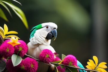 Australian Cockatoo parrot in the treetops in a tropical rainforest, bright flowers and leaves, exotic plants, vines. Wildlife imagery, comforting atmosphere, the concept of ecological environment. Ge