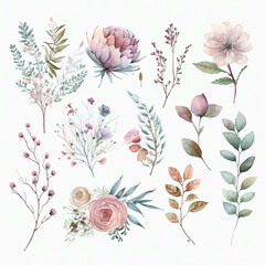 Colorful floral collection with multicolored flowers, leaves, branches, Colorful floral collection with many watercolor elements. Set of floral elements. generative ai