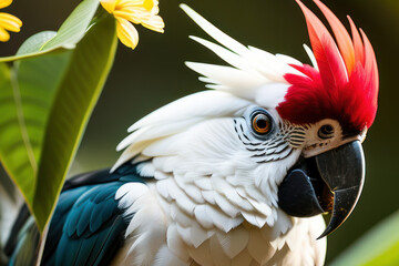 Australian Cockatoo parrot in the treetops in a tropical rainforest, bright flowers and leaves, exotic plants, vines. Wildlife imagery, comforting atmosphere, the concept of ecological environment. Ge