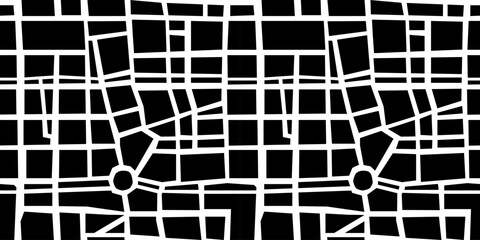 Abstract geometric city map illustration seamless pattern. Black and white town gps, urban cartography background print. Geography plan, navigation texture wallpaper.
