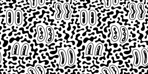 Black and white retro cartoon eye seamless pattern illustration. Funny character art background with monochrome color shapes. Vintage drawing doodle wallpaper print texture.