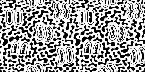 Black and white retro cartoon eye seamless pattern illustration. Funny character art background with monochrome color shapes. Vintage drawing doodle wallpaper print texture.