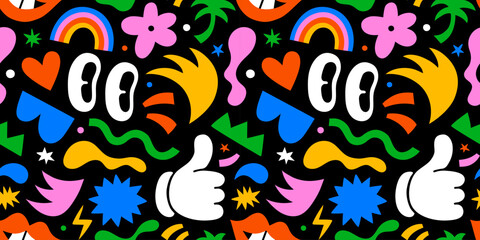Colorful retro cartoon eye seamless pattern illustration. Funny character art background with bright color shapes. Vintage drawing doodle wallpaper print texture.
