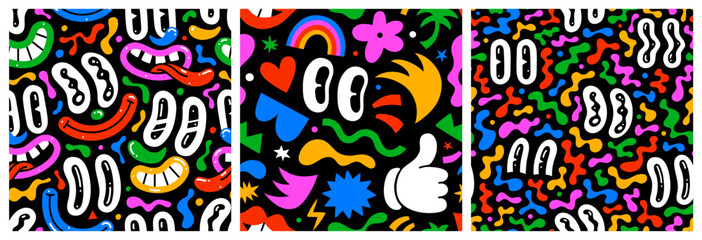 Colorful retro cartoon faces seamless pattern illustration set. Funny character art background collection with happy expression reaction. Vintage drawing doodle wallpaper print texture.