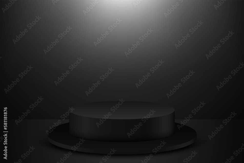 Poster 3d realistic vector round stage on dark background.black round podium for product demonstration and 