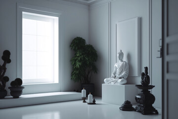 Meditation space: White interior with meditation equipment | Generative AI Production