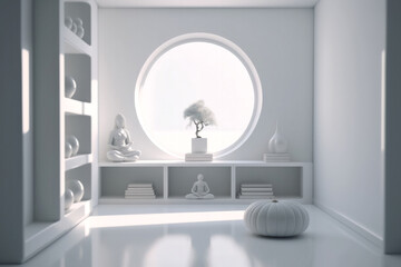 Meditation space: White interior with meditation equipment | Generative AI Production