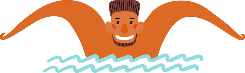 Young swimming man with beard cute cartoon character illustration. Hand drawn flat style design, isolated PNG. Summer holidays, vacations, outdoors, beach activity, pool party, seasonal element
