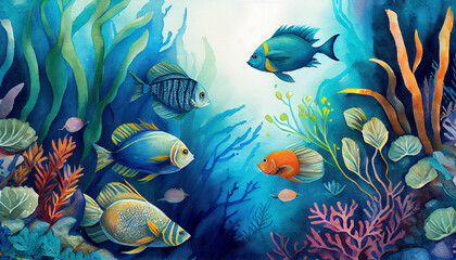 Obraz na płótnie Canvas Beautiful underwater world with corals and tropical fish, generative ai illustration