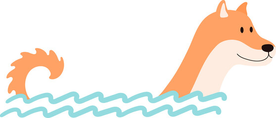 Swimming dog cute cartoon character illustration. Hand drawn flat style design, isolated PNG. Summer holidays, vacations, outdoors, beach activity, pool party, seasonal element