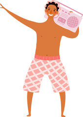 Young man in trunks with stereo cute cartoon character illustration. Hand drawn flat style design, isolated PNG. Summer holidays, vacations, outdoors, beach activity, pool party, seasonal element