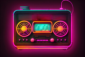Radio set neon icon. Receiver with antenna. Generative Ai