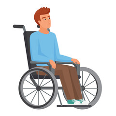 Young man using wheelchair. Boy with walking disability vector cartoon illustration