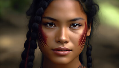 Fototapeta premium Hermosa Mujer del amazonas, Poder y Belleza de la Cultura Indigena del Amazonas