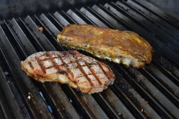 grill, carne, alimento, barbacoa, barbacoa, chuletón, carne, cocción, a la parrilla, cerdo, comida, barbacoa, cena, cocinado, brasear, llama, chuleta